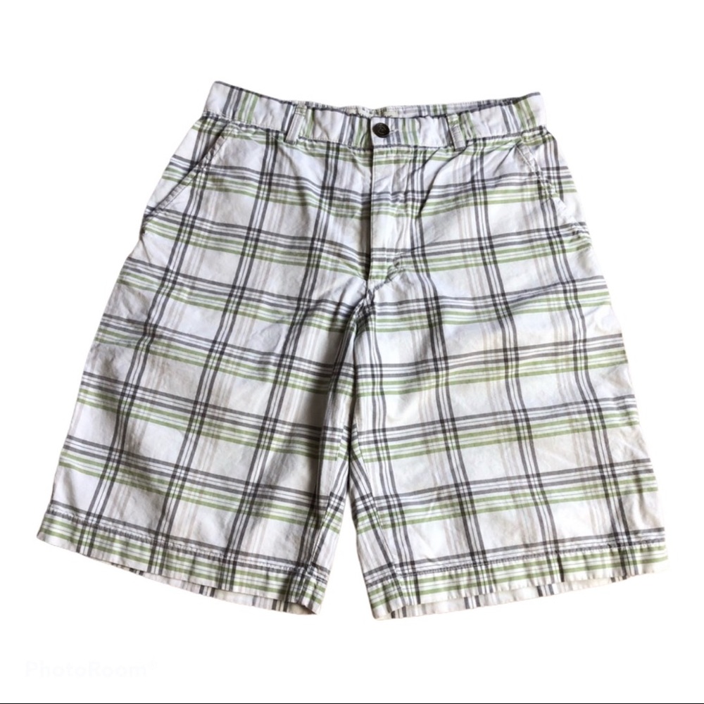 32 waist plaid shorts white/green/blue flat front Banana Republic
